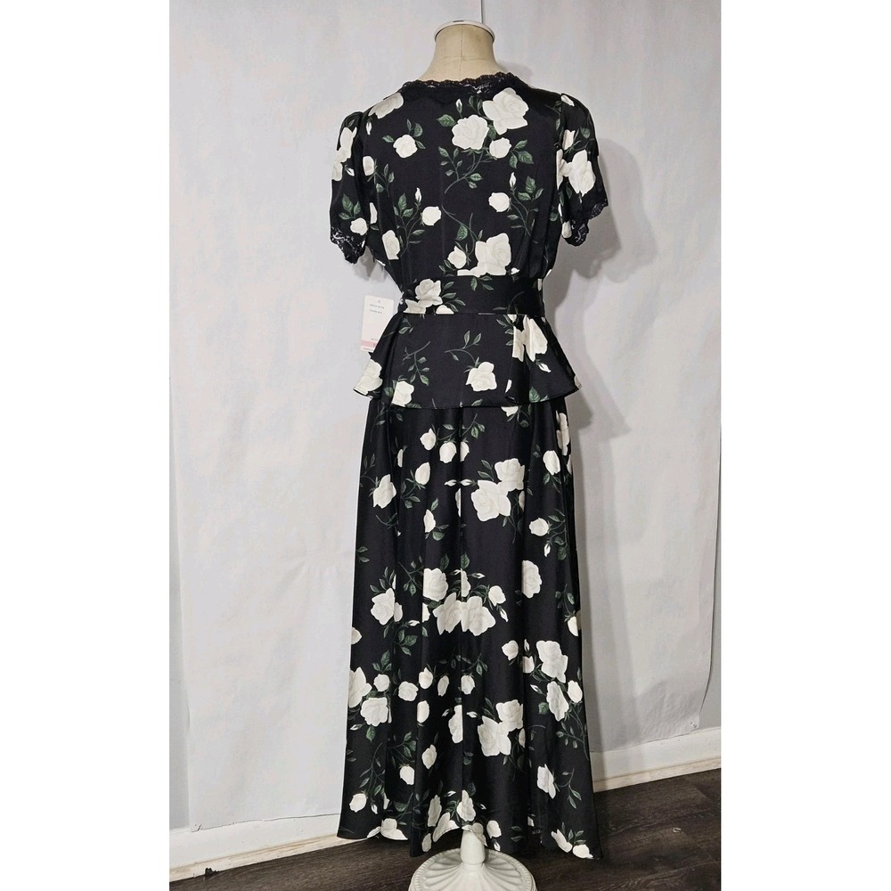 Taylor Women's Black Floral Short Sleeve V-neck Tie Waist Peplum Maxi Dress - Picture 5 of 16